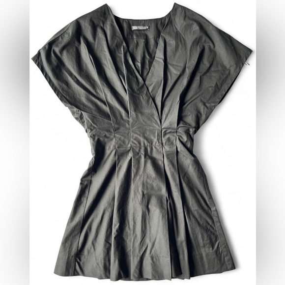 Zara Womens Black Minimalist V-Neck Poplin Sleeves Pleated Dress Size XS - Picture 2 of 16